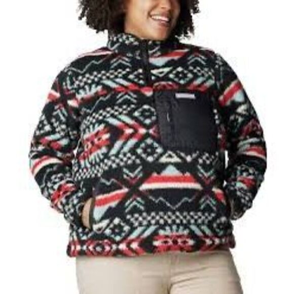 Columbia Women's L West Bend 1/4 Zip Fuzzy Pullover Red Black Faire Isle Ski New - Picture 2 of 16